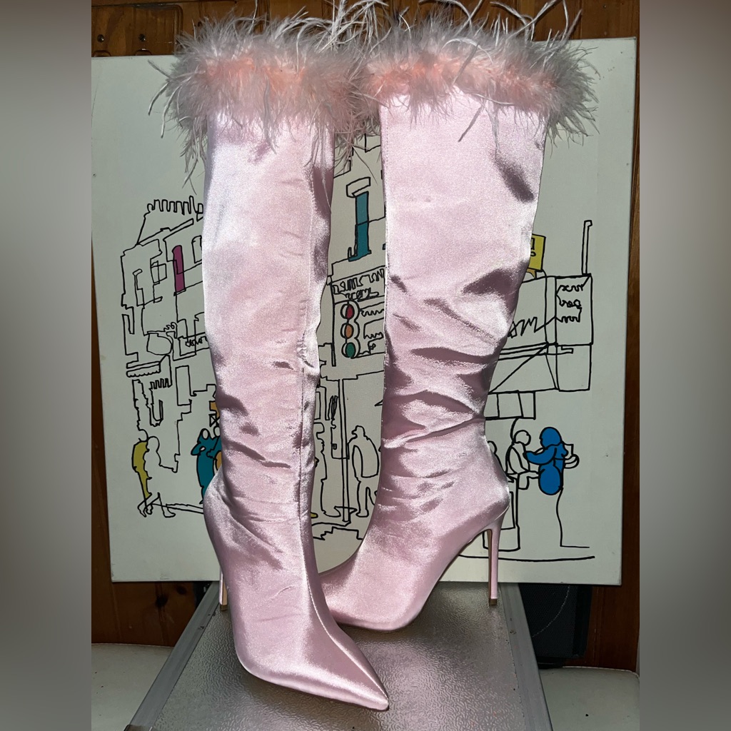 Jensen Feather Pink Satin Knee-High Boots